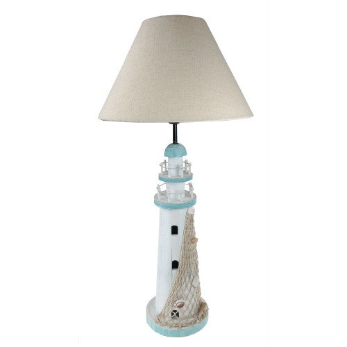 Large Wooden Sky Blue and White Lighthouse Nautical Lamp Base with Shade