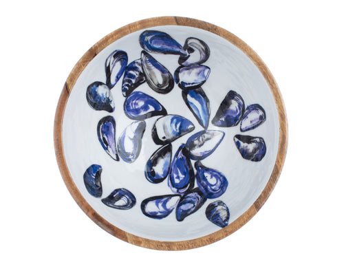 Blue and White Moules Design Wooden Medium 25cm Bowl by Shoeless Joe