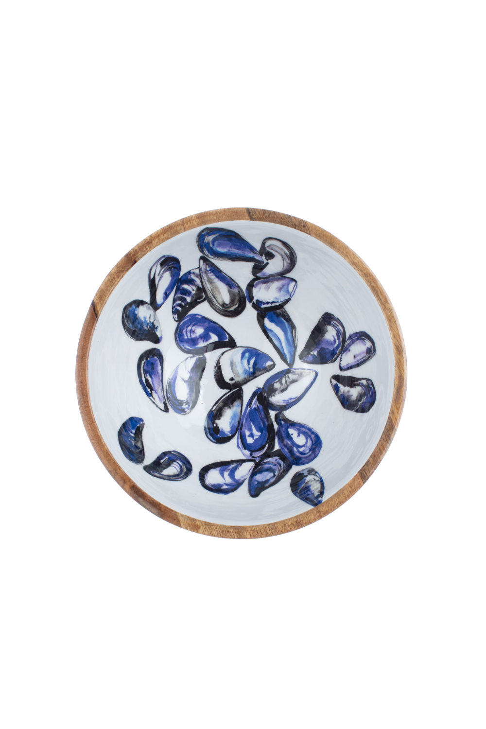 Blue and White Mussels Moules Design Wooden Large 30cm Bowl by Shoeless Joe