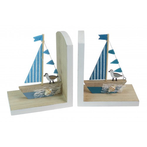Set of Seaside Sailing Theme Wooden Bookends With Sailing Boats