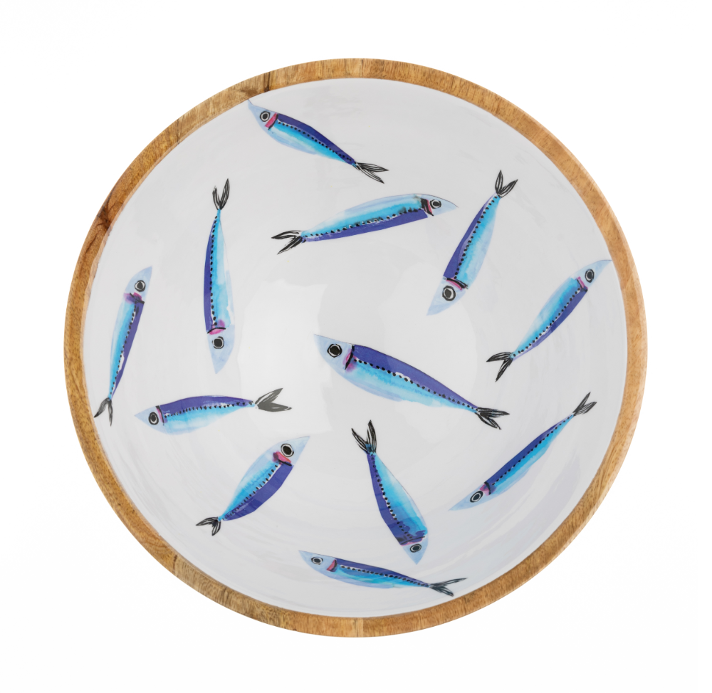 New Blue and White Sardines Design Wooden Large 30cm Bowl by Shoeless Joe