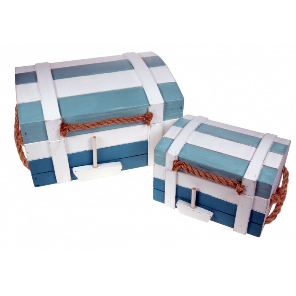 Set of 2 Wooden Chest Style Nautical Storage Boxes