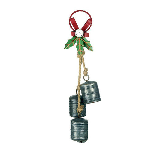 Large Rustic Silver Metal Triple Bell Christmas Decoration on Rope with Metal Ribbons