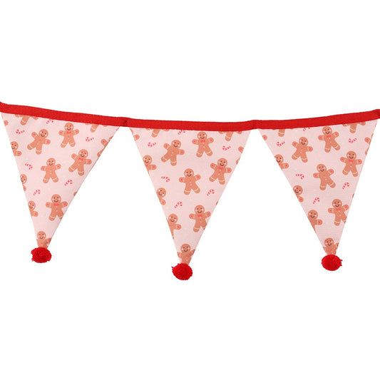 All Over Gingerbread Fabric Bunting with Red Trim and Pompoms 150cm