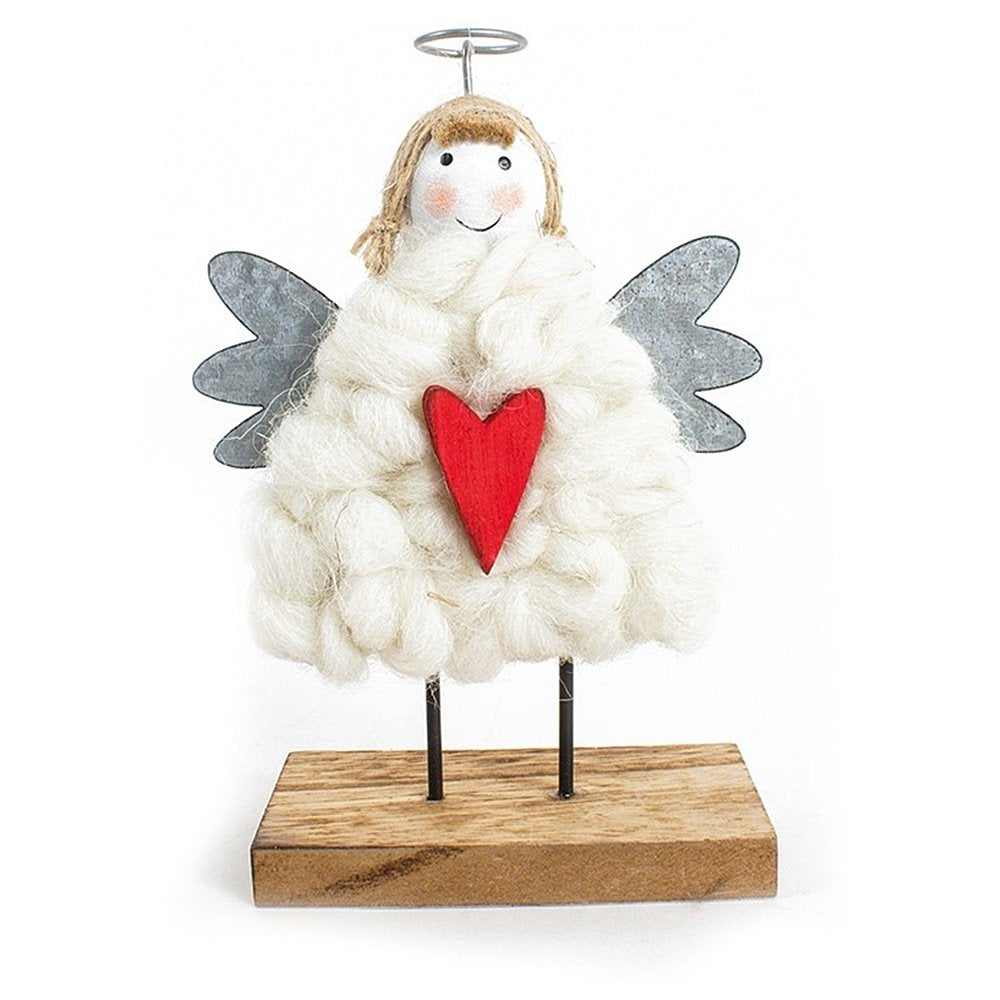Wood and Wool Cute Angel With Heart Christmas Standing Decoration