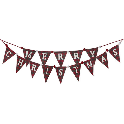 Merry Christmas Tartan Highlands 2 Tier Fabric Bunting With Pom Poms