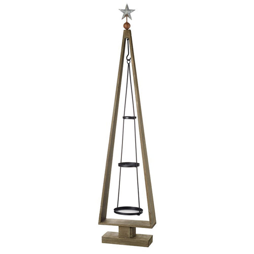 Wooden Christmas Tree Display With Hanging Triple Tier Metal Mobile 120cm