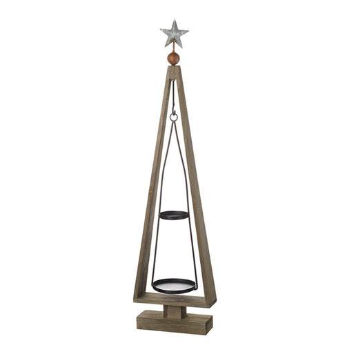 Wooden Christmas Tree Display With Hanging Two Tier Metal Mobile 87cm