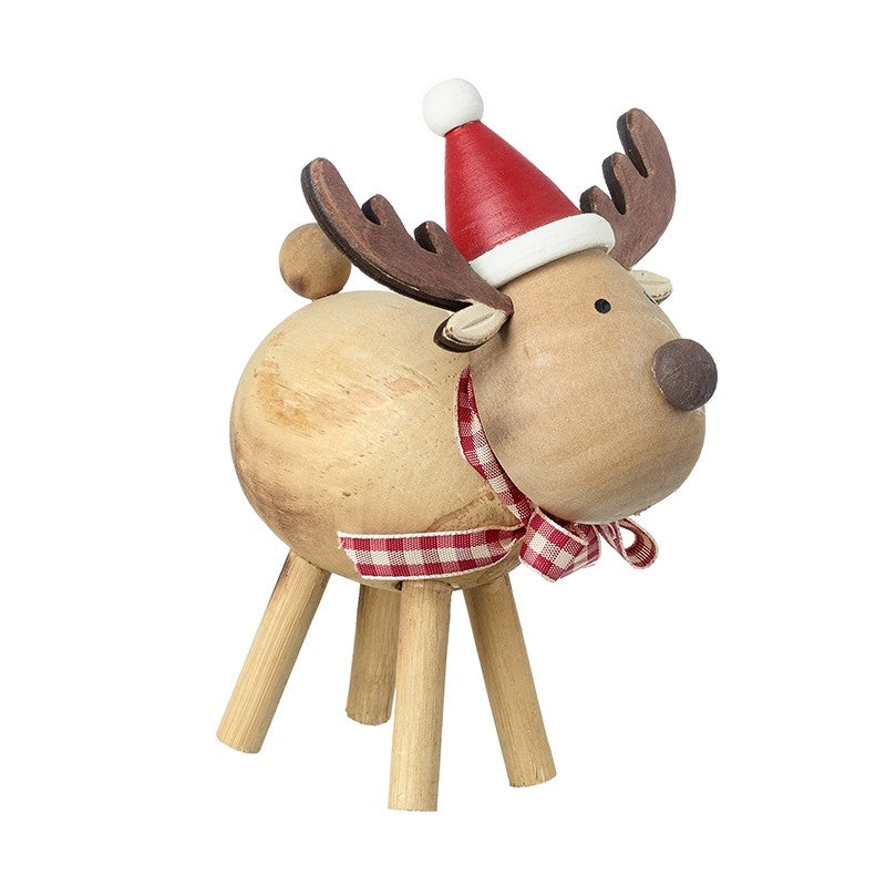 Heaven Natural Wooden Cute Christmas Reindeer With Check Bow 13.5cm