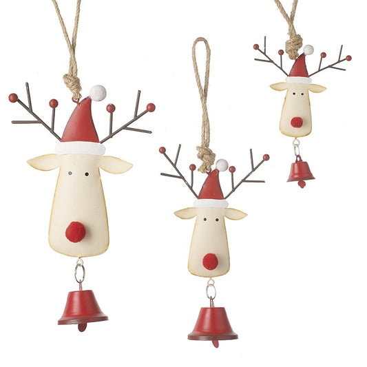 Set of 3 Metal Rudolf Reindeer Hanging Bells