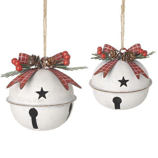 Set of 2 Metal Vintage Christmas Jingle Bells Decoration with Plaid Metal Bows - White