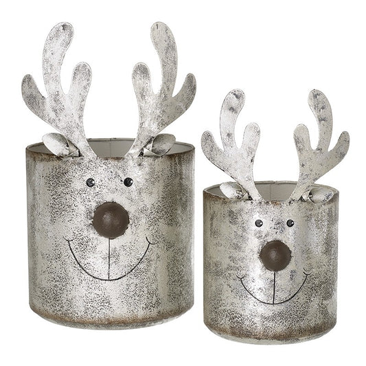 Set of 2 Reindeer Burnished Metal Planter Buckets