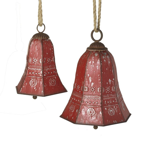 Set of 2 Red Metal Christmas Bells for indoor and outdoor use