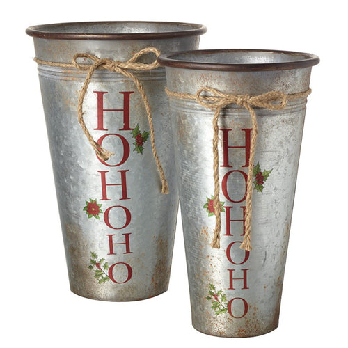 Set of 2 Large Zinc Metal Planters for Christmas with Ho Ho Ho Painted Details 39.5cm 37.5cm