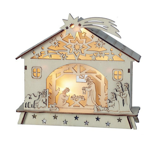 Small Natural Wooden Cut Out Christmas Nativity Stable Scene With Led Lighting