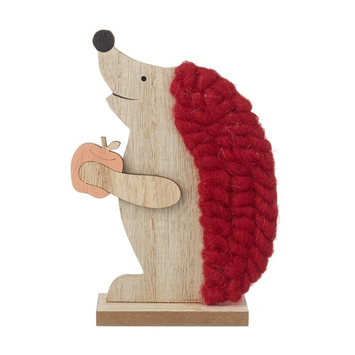 Wooden Hedgehog Standing Christmas Decoration with Red Wool Detail and Apple