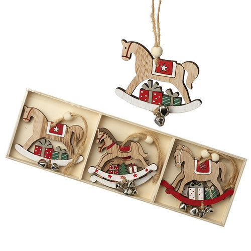 Box Set of 6 Wooden Rocking Horse painted Natural Baubles With Jungle Bells