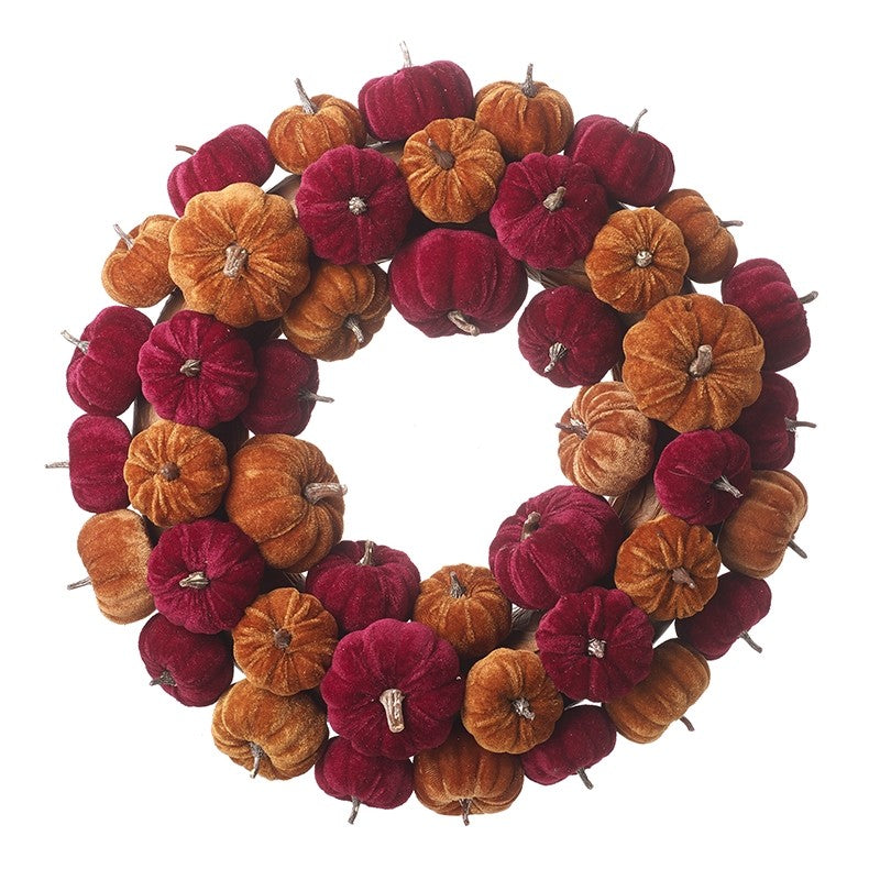 Large Orange and Wine Velvet Pumpkin Seasonal Halloween Wreath Decoration