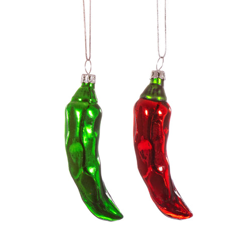 Set of 2 Red and Green Glistening Chilli Pepper Christmas Tree Baubles by Sass & Belle