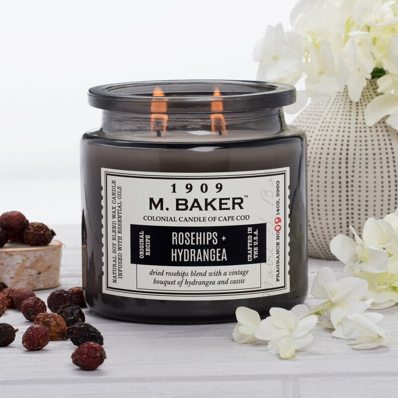 M Baker Colonial Candles of Cape Cod Large 14oz Rosehips & Hydrangea Apothecary Candle