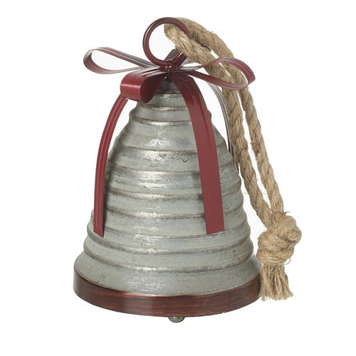 Medium Metal Vintage Christmas Silver Bell with Metal Ribbon Details and Hanging Rope