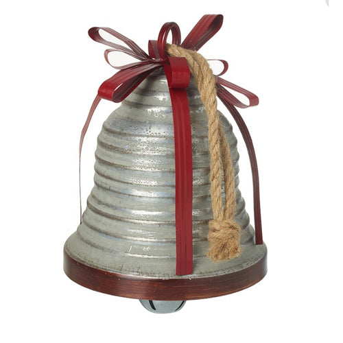 Large Metal Vintage Christmas Silver Bell with Metal Ribbon Details and Hanging Rope