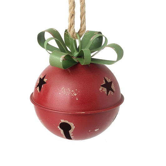 Large Metal Vintage Christmas Round Red Jingle Bell with Metal Ribbon Details and Rope Hanger