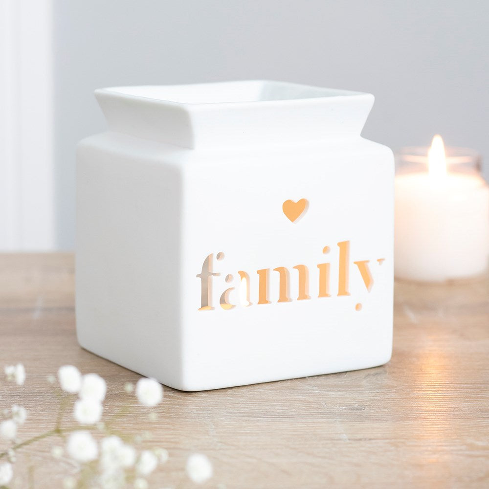 White Ceramic Oil Burner or Wax Melter with Cut Out Design - Family, Home or Love