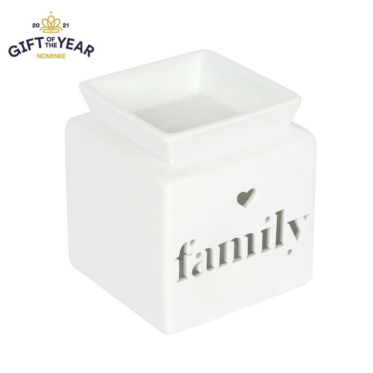 White Ceramic Oil Burner or Wax Melter with Cut Out Design - Family, Home or Love