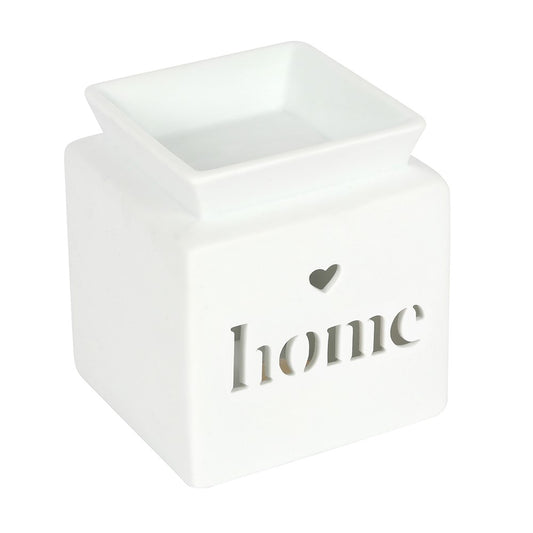 White Ceramic Oil Burner or Wax Melter with Cut Out Design - Family, Home or Love