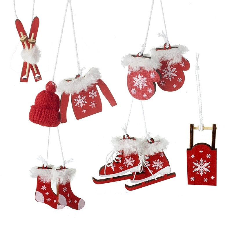 Skate and Ski Winter Red Hanging Tree Decorations Bauble Set of 6