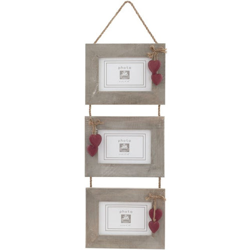 Triple Natural Wood Frame Set with Hanging Red Wooden Hearts