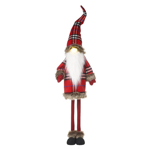 Large Tall Standing Tartan Santa Gnome with Light-Up Nose
