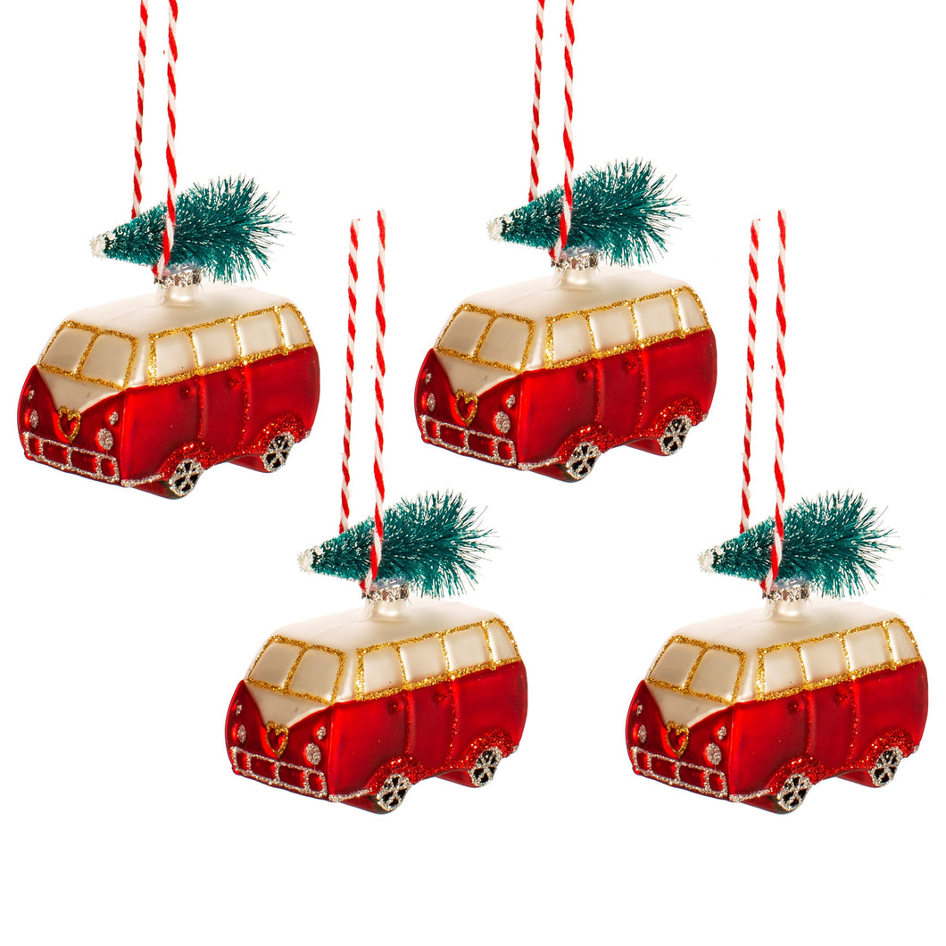 Set of 4 Red and White Campervan with Tree Mini Christmas Baubles by Sass and Belle