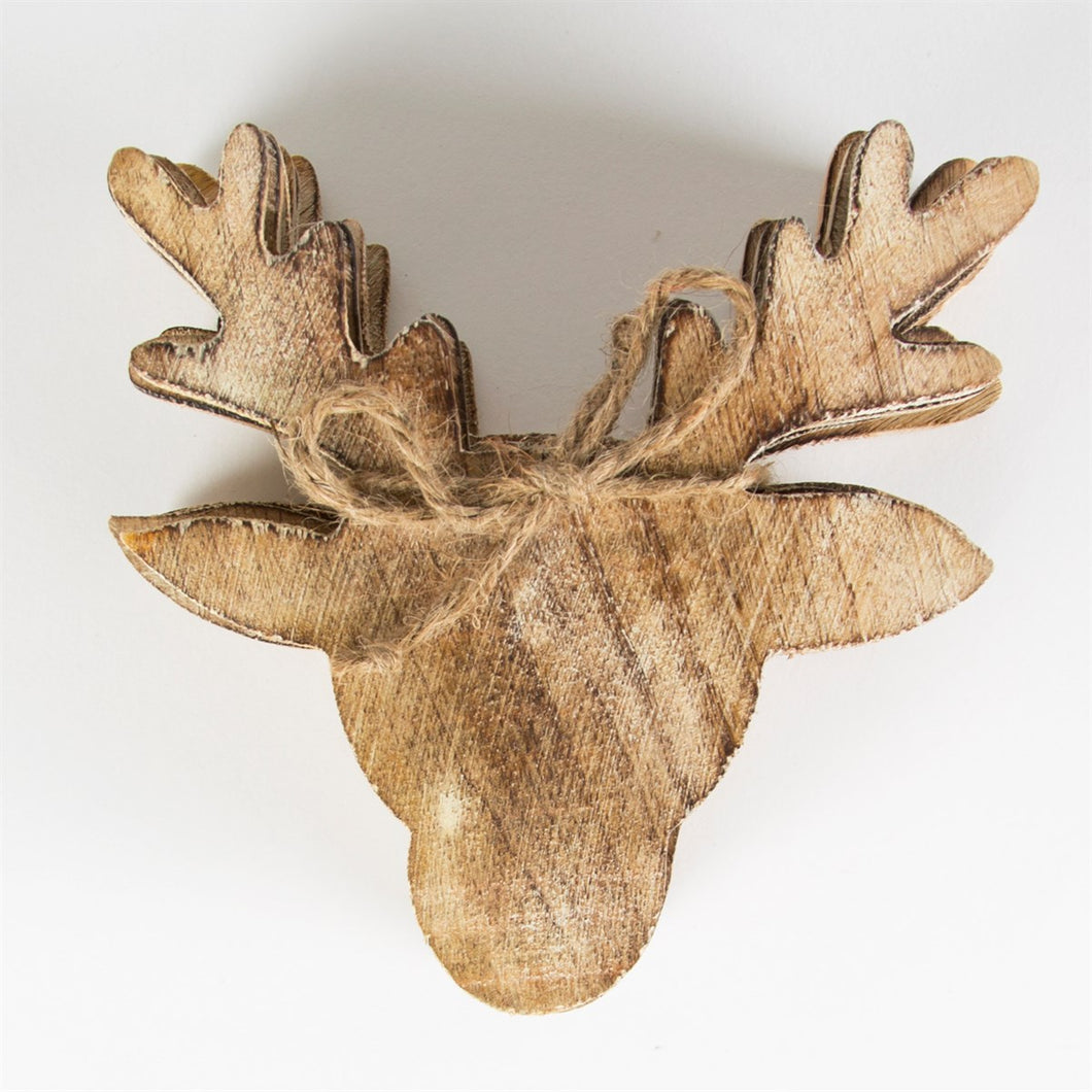 Set of  6 Natural Wood Stags Head Christmas Coasters