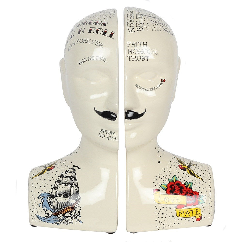 Phrenology Tattoo Ceramic Bookends