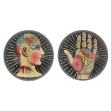 Load image into Gallery viewer, Phrenology and Palmistry Tattoo Design Glass Paper Weights Pair by Temerity Jones
