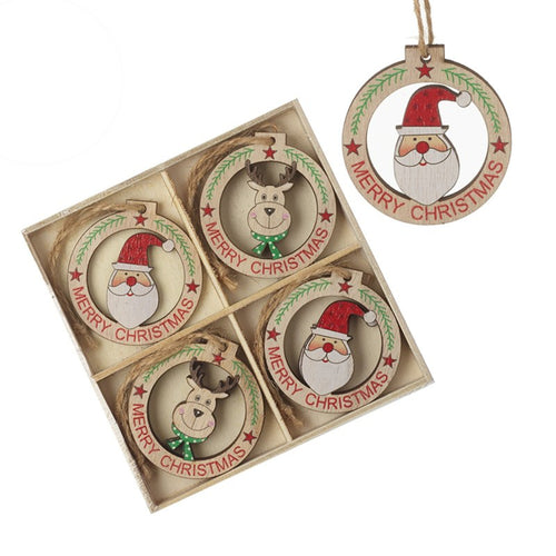 Cute Wooden Christmas Character Hanging Tree Decorations Bauble Set of 8