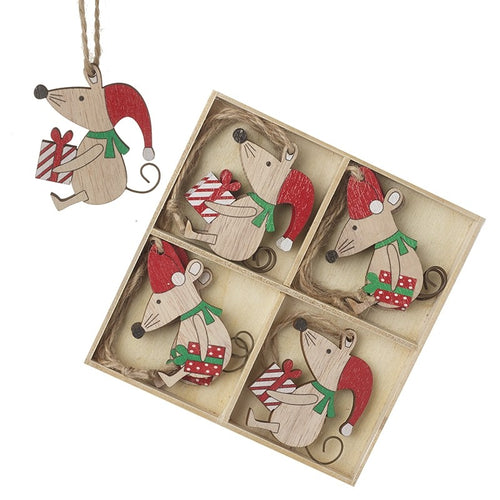 Copy of Cute Wooden Christmas Mouse Hanging Tree Decorations Bauble Set of 8