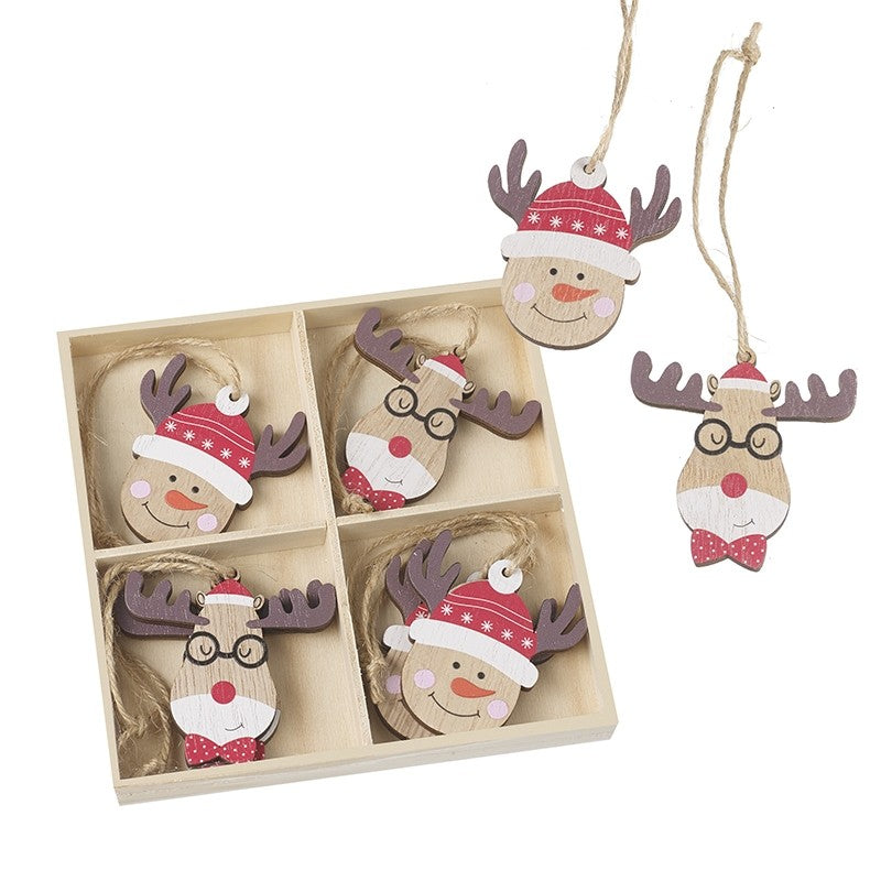 Cute Wooden Snowman and Reindeer Hanging Tree Decorations Bauble Set of 8