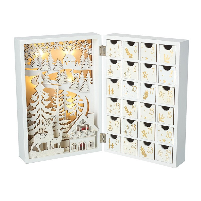 Winter Wonderland Book Style White Wooden Advent Calendar with LED