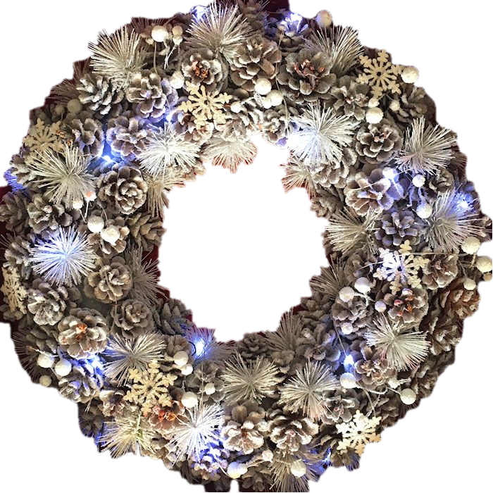 XL Winter Wonderland White Christmas Pinecone Wreath with Snowflakes and LED lighting 48cm by Amalfi