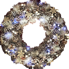 Load image into Gallery viewer, XL Winter Wonderland White Christmas Pinecone Wreath with Snowflakes and LED lighting 48cm
