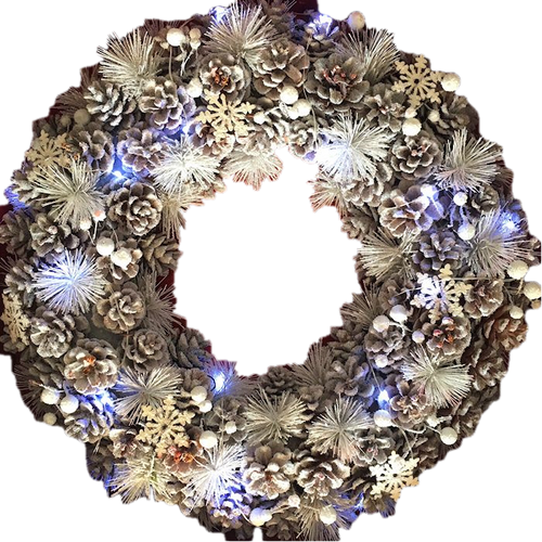 XL Winter Wonderland White Christmas Pinecone Wreath with Snowflakes and LED lighting 48cm