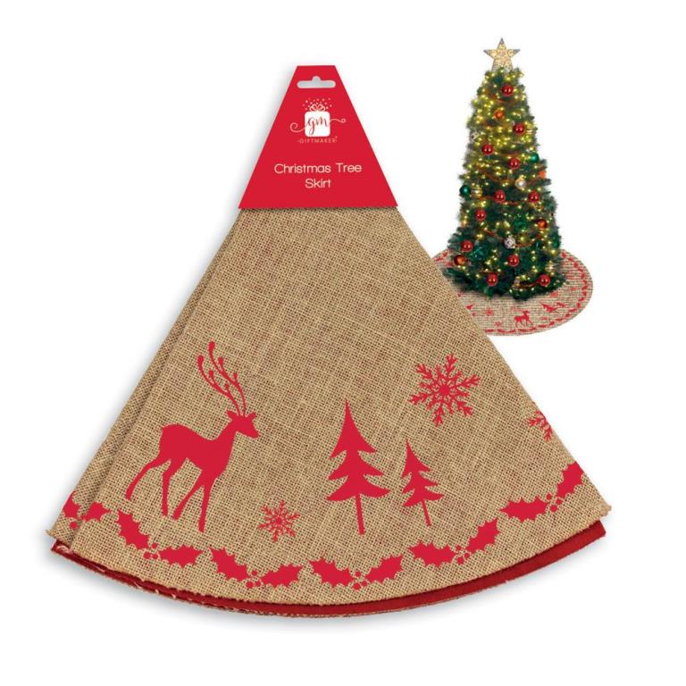Natural Hessian and Red Print Nordic Style Christmas Tree Skirt