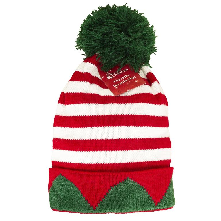 Adult Size Elf Striped Knitted Bobble Hat