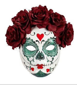 Dia de Los Muertos Sugar Skull Halloween Face Mask with Glitter, Dark Red Roses-The Useful Shop