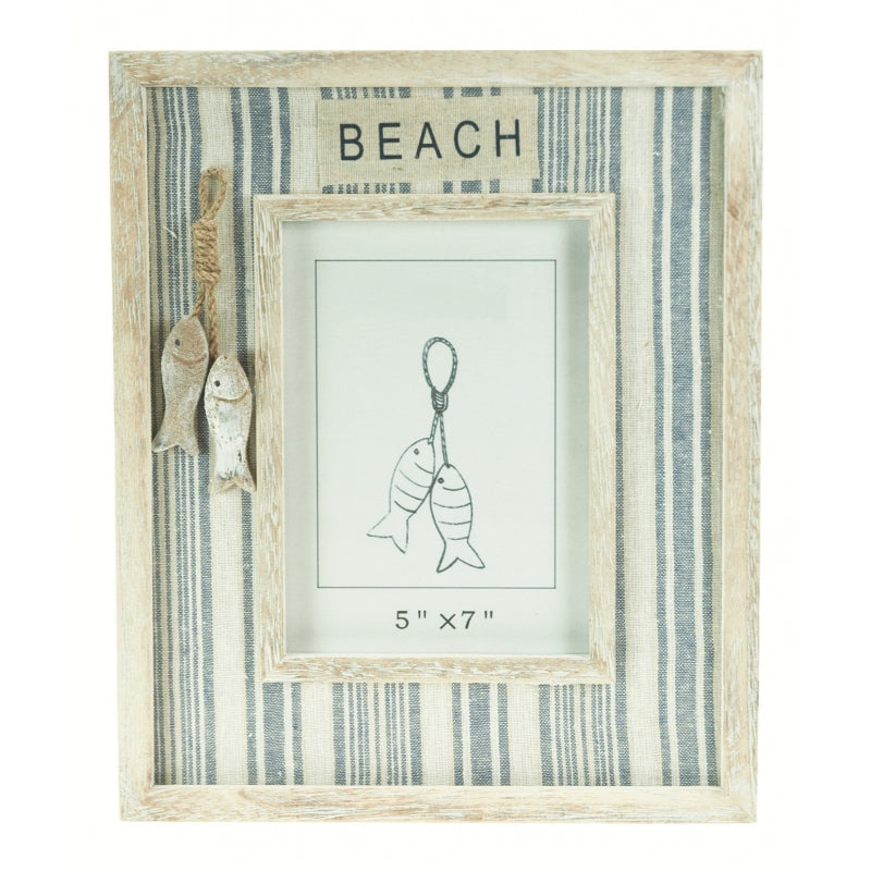 Beach photo frame with fabric and carved wooden fish
