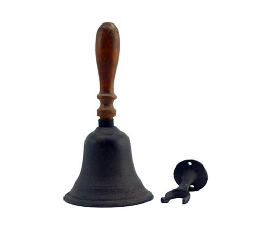 Cast Iron Dinner Hand Bell with Wooden Handle and Wall Storage Bracket