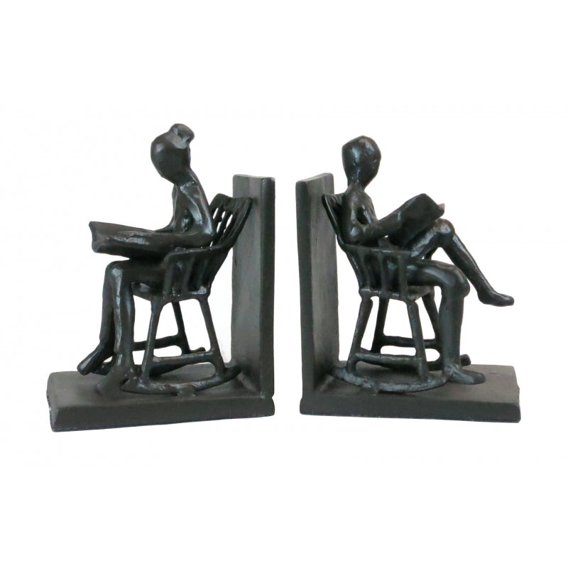 Cast Metal Reading in Rocking Chairs Sculpture Bookends Set